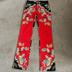 Roberto Cavalli Black Pants with Red and Gold Floral Print